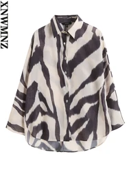 XNWMNZ Women Fashion Lapel Long Sleeve Cotton Linen Zebra Printed Shirt Woman Loose Blouses Casual Lightweight Tops Female