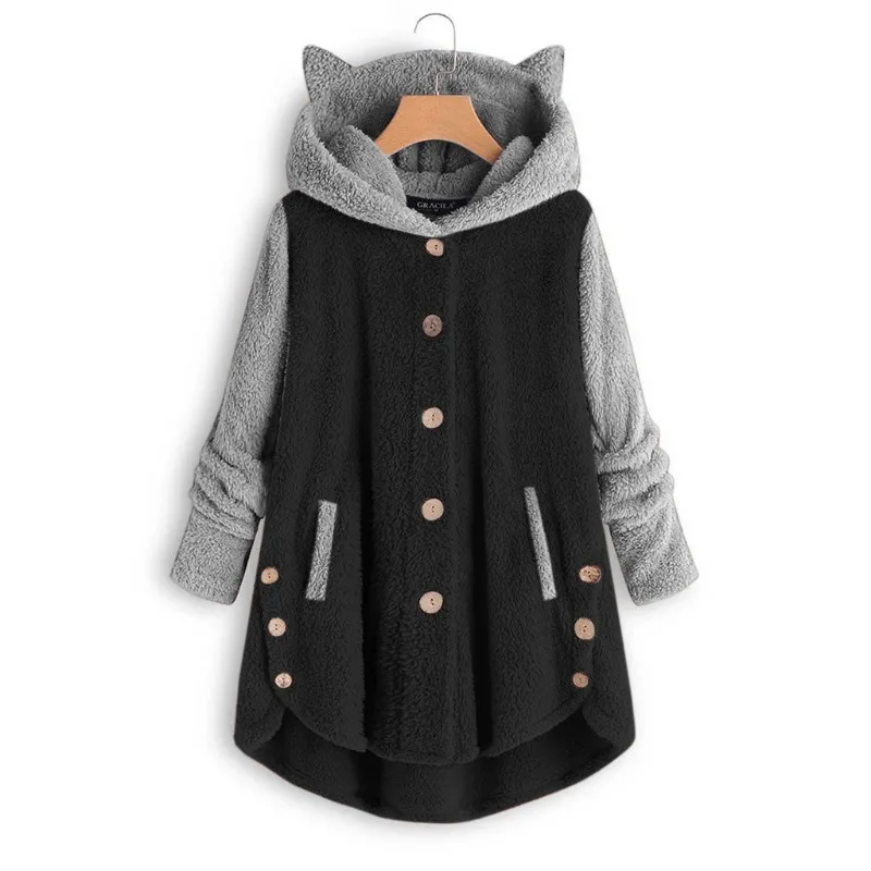 

Female Warm Casual Buttons Tops Fluffy Hooded Coat Women Autumn Winter Plush Hoodies Female Kawaii Cat Ears Long Sleeve Coats
