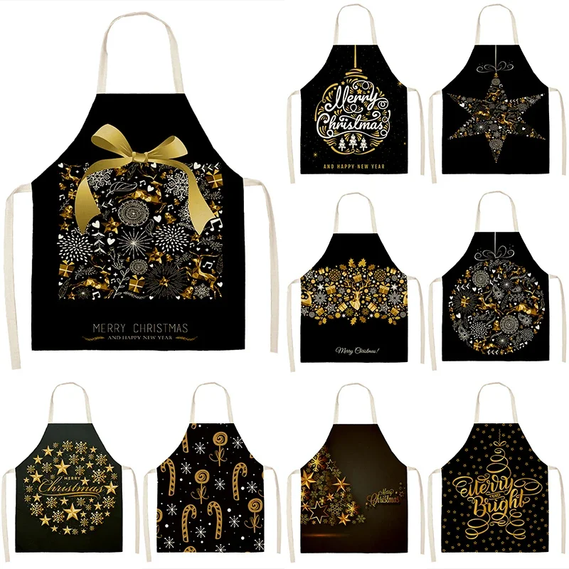 Christmas gold black gift pattern cleaning apron home kitchen apron chef clothes cotton linen adult bib