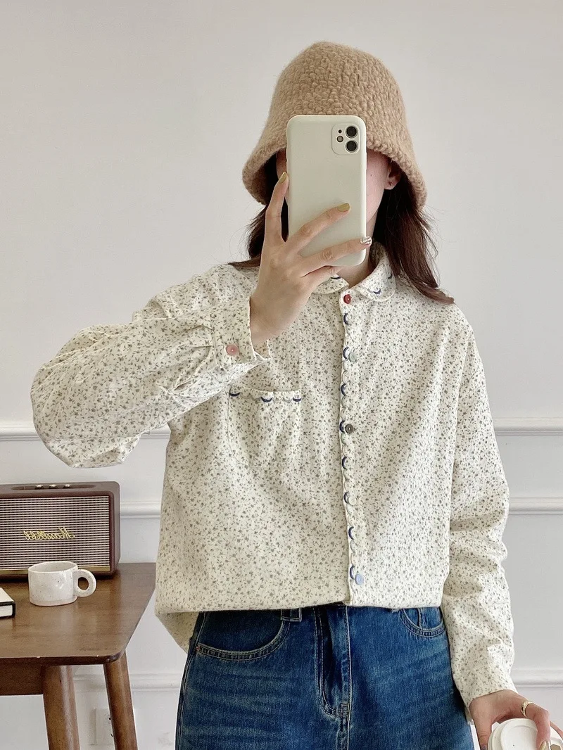 New Summer Cotton Long Sleeve Shirts Lapel Floral Print Tops Mori Girl Casual Retro Loose Chic Blouse 2024 Autumn T46336QM