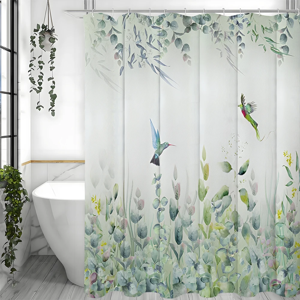 

Green Leaf Shower Curtain Sage Eucalyptus Hummingbird White Green Leaf Botanical Floral Aesthetic Shower Curtain with Hooks, Wat