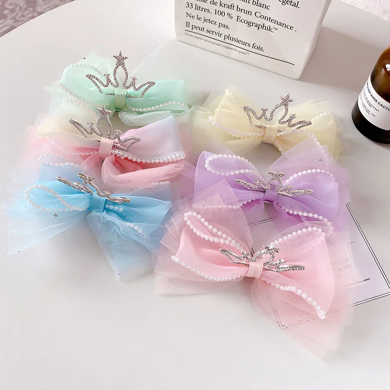 Korean version of mesh little girl princess crown tiara children\'s bow hairpin three-dimensional top clip super fairy hairpin