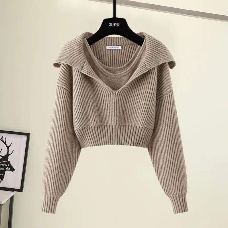 Women Winter Autumn Y2K Suit Vest Sweater Crop Tops And Wide Leg Pant Three Piece Set Outfit Knitted Outwear Korean Clothing