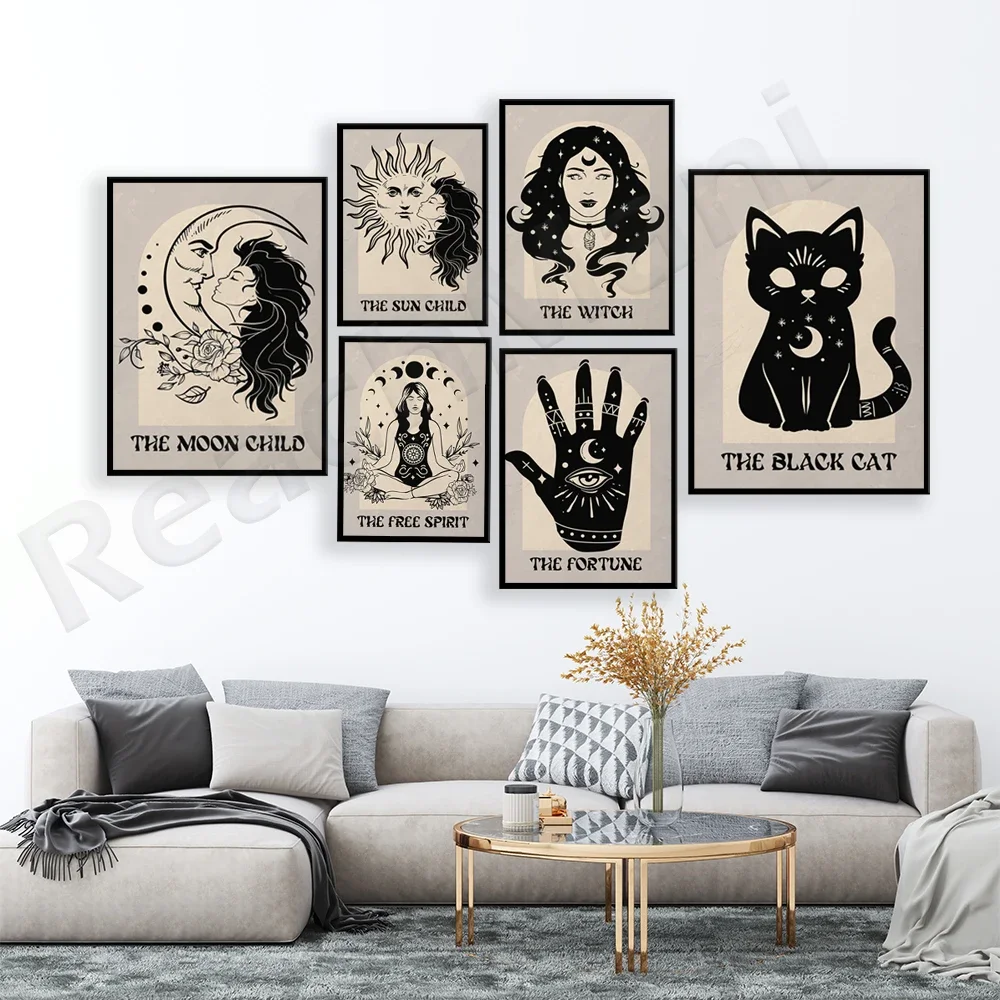 Wealth, free spirit, sun, elixir, black cat, moon tarot style boho mystic poster, astrology, celestial sun and moon, good luck,