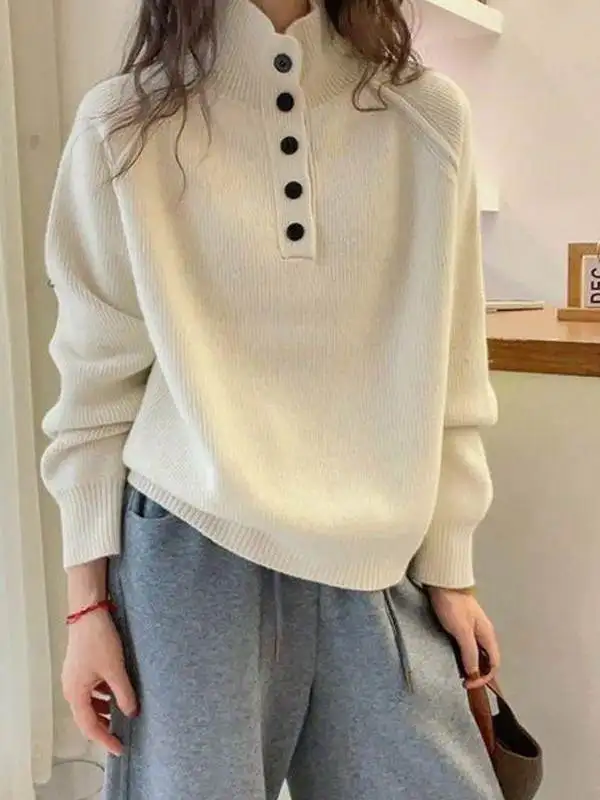 Chic Button Design High Collar Soft Cozy Knitted Sweater Women's Premium Commute Autumn Winter Versatile Base Layer Shirt