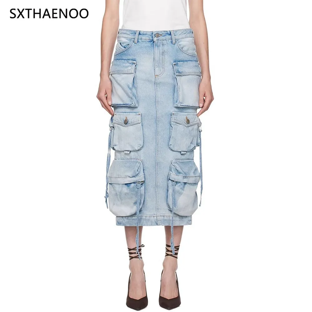 

SXTHAENOO Trendy New Women's 3D Multi Pockets Cargo Split Denim Skirts 2025 Autumn Fashion High Waist Long Skirt Female