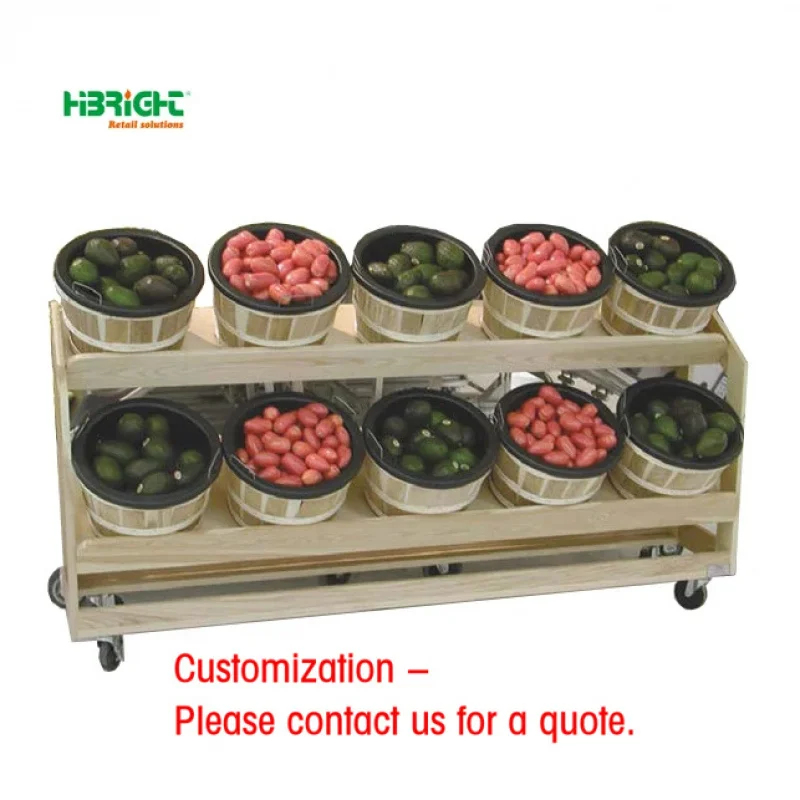 custom.Supermarket Vegetable Fruit Display Rack 4 Wheels Easy Movable with Wooden Basket Single-Sided Elegant Wooden Display Sta