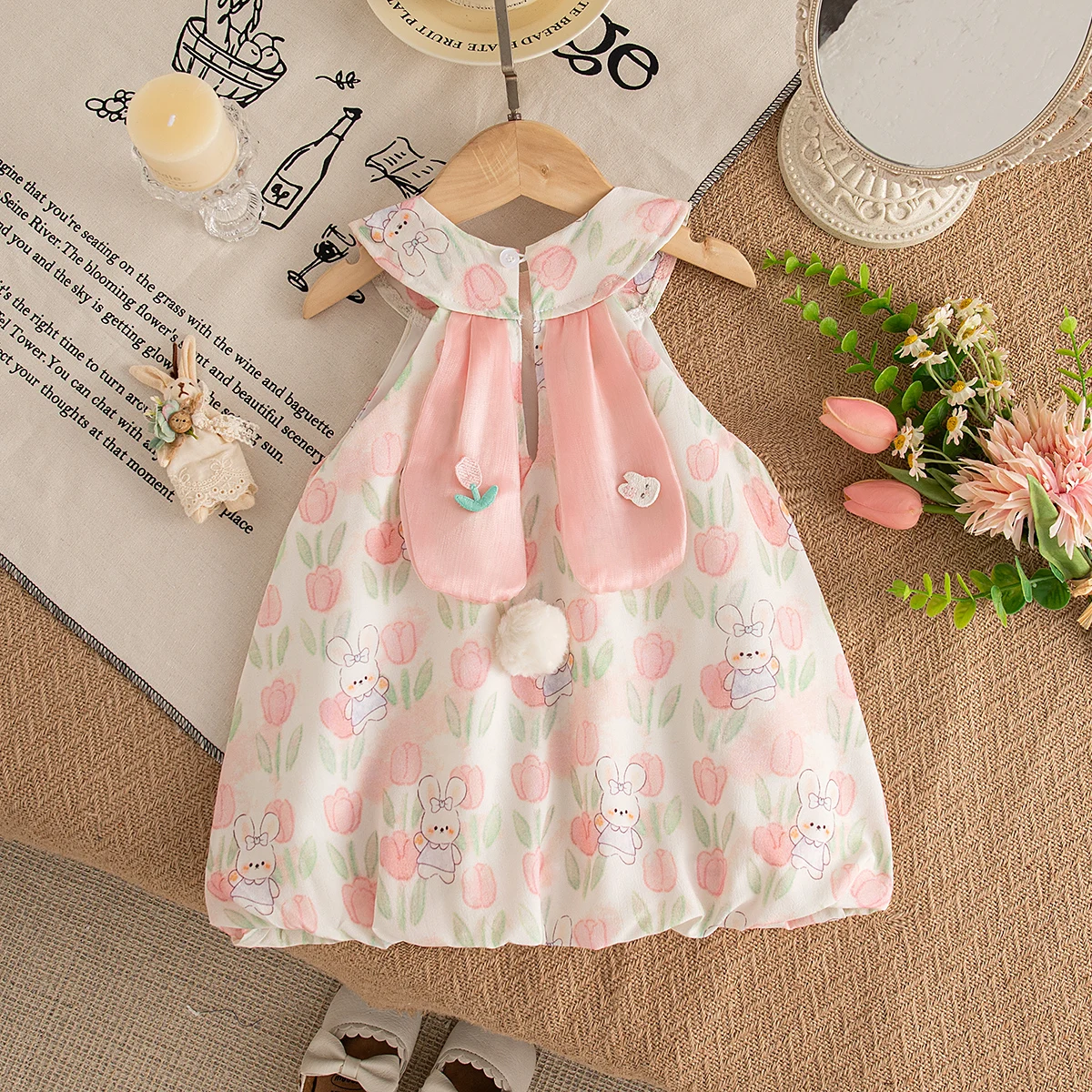 Baby Girl Dress Summer Full Print Tulip And Cartoon Rabbit Pattern Round Neck Baby Dresses Cute Casual Girl Clothing