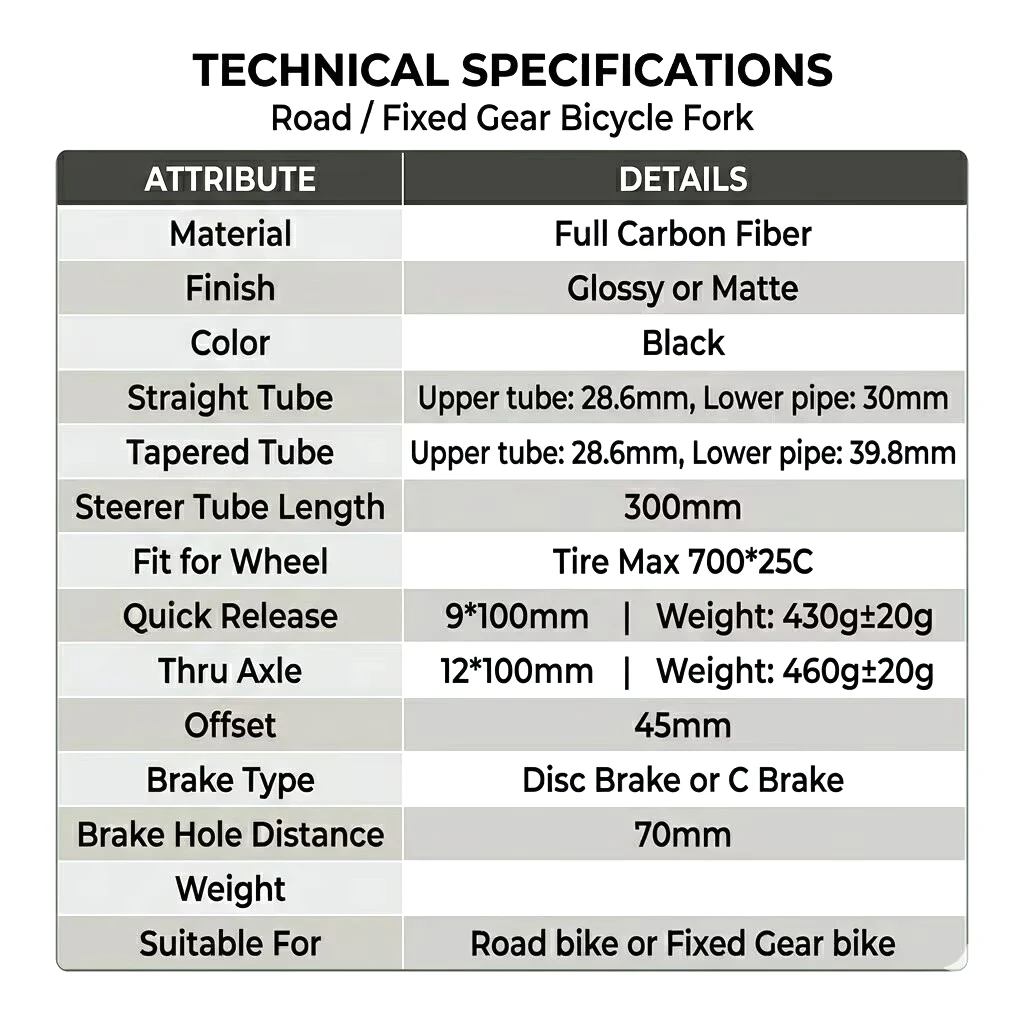 Ultralight Carbon Fibre Bicycle Fork Road Bike Fork 700*25C Disc Brake Thru Axle 12*100mm Quick Release 9*100mm Glossy or Matte