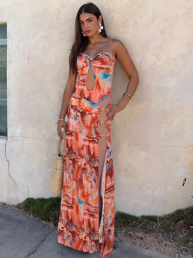 Sisterlinda lanzamiento de primavera moda Junior ocio Sexy High Street vestido largo chica estampado escote ahuecado bata sin espalda