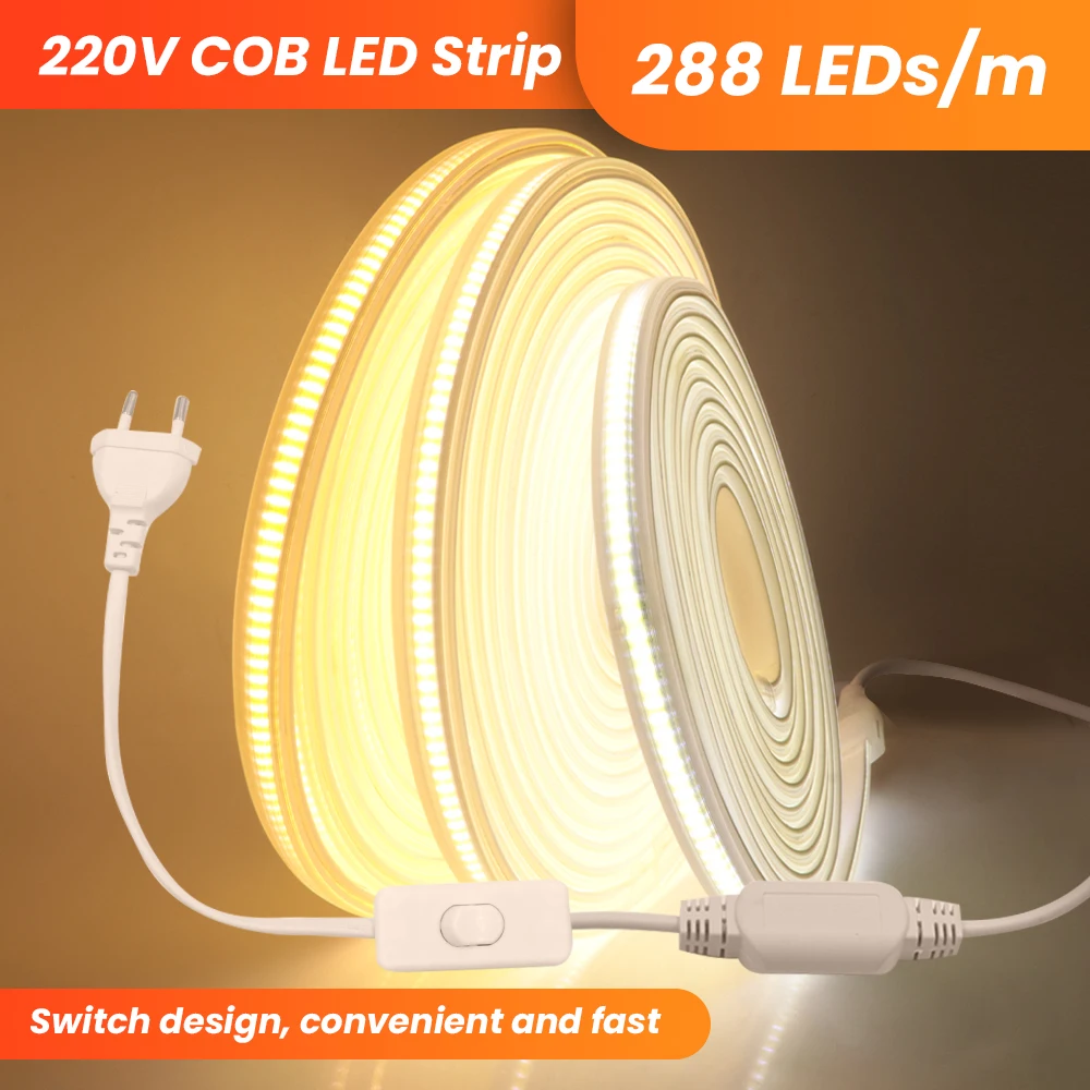 220V 110V Dimmable COB LED Strip Light with Switch Plug 288leds/m Super Bright Flexible COB Light Waterproof Outdoor LED Ribbon