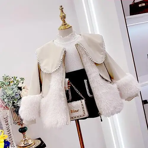 Girl Loose Coat Autumn Winter New 2024 Faux Fur Add Velvet Cotton Clip Thickened Spliced Flip Collar Tops Cute Active Lovely