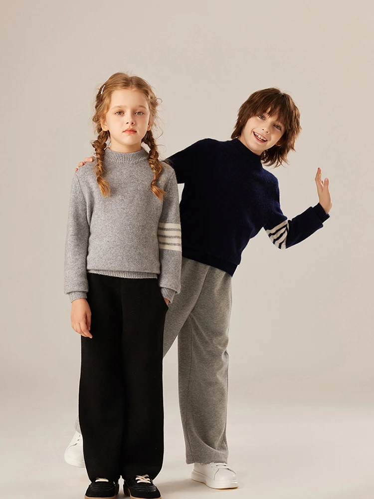 Children's 100% Cashmere Sweater Mock Necl Striped Thick Pullover Autumn Winter Boy Girl Cashmere Knit Jumper Kids Clothes Top
