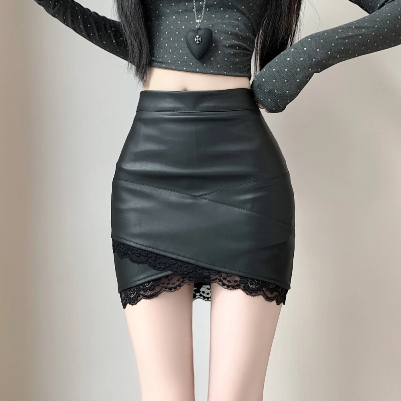

High Waist PU Leather Lace Patchwork A-Line Skirt Women's Ele Sle Slimming Fit Casual ort Skirt Zipper Closure
