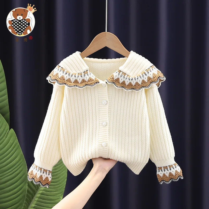 

Girls cardigan sweater with western style han edition children outside the knitting sweater knit lace collar