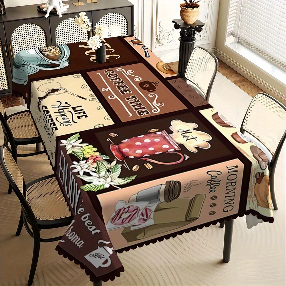 1pc Coffee-Themed Rectangular Tablecloth with Scalloped Edges,  with Chili Pepper & Coffee Cup Design, Perfect for Home Dining