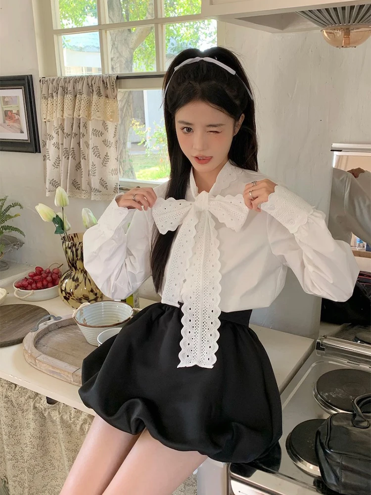 

Sweet Versatile White Lace Shirt Women's Early Spring Ruffle Knot Top Layered Inner Wear Base Shirt Autumn Winter