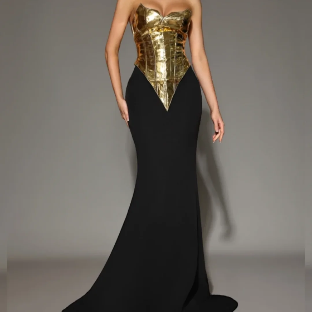 

New Women Summer Sexy Patchwork Gold Black Maxi Long Ladies 2025 Celebrity Designer Evening Party Dress Customized