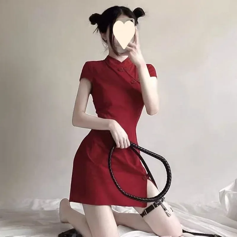 فستان شيونغسام قصير أنيق للسيدات الشابات بتصميم عتيق وتنورة قصيرة بطول ألياف البوليستر وأكمام قصيرة وياقة واقفة #3