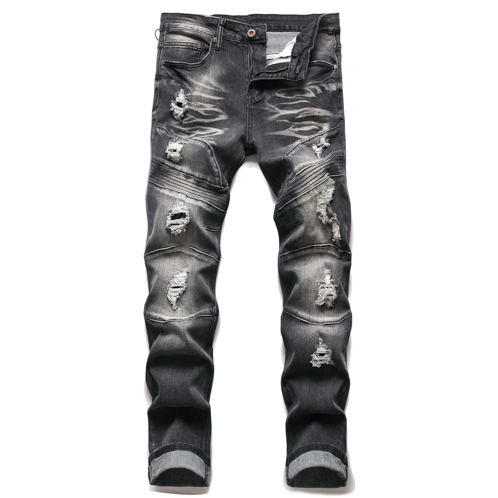 Jean Déchiré Vintage pour Homme, Pantalon en Denim Délavé, Solide, Coupe Slim, avec Trous Crayon, Poches de Longueur de Rincage, 2024