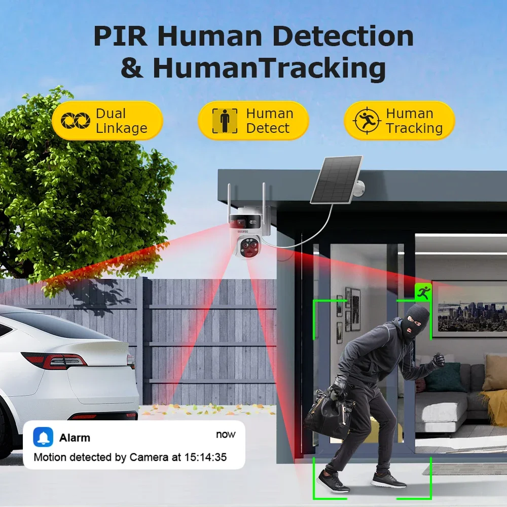 SECTEC HD 3Lens Dual Screen Viewing 4G GSM Solar Camera 15X Zoom PTZ Rotate IP65 Outdoor Camera Human Detection CCTV IP Camera