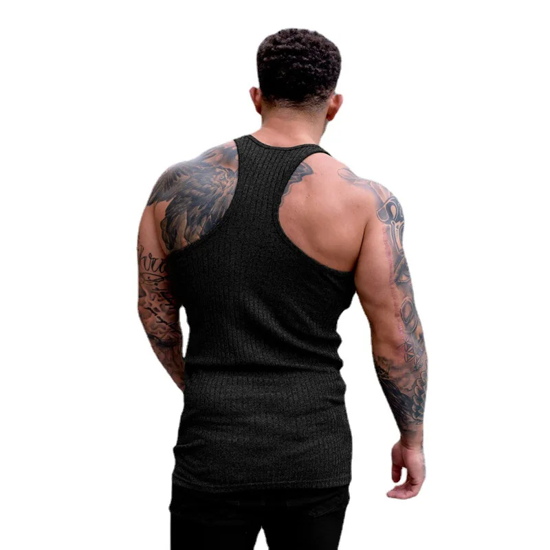 Fitness Sleeveless T Shirt Knitted Slim Fit Vest Sports Strips Gym Stringer Tank Top Men Solid Fashion Singlets Summer Clothing