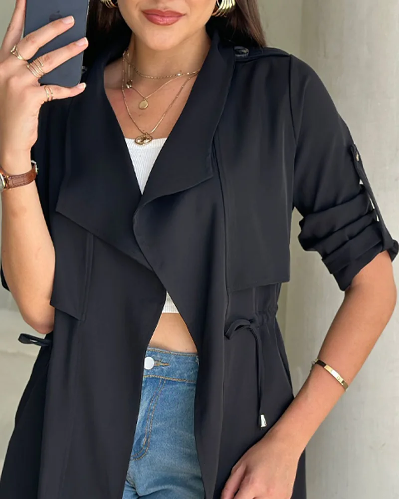 Elegant Jackets Woman Top New Fashion 2024 Autumn Winter Casual Female Clothing Outfits Roll Tab Sleeve Drawstring Trench Coat