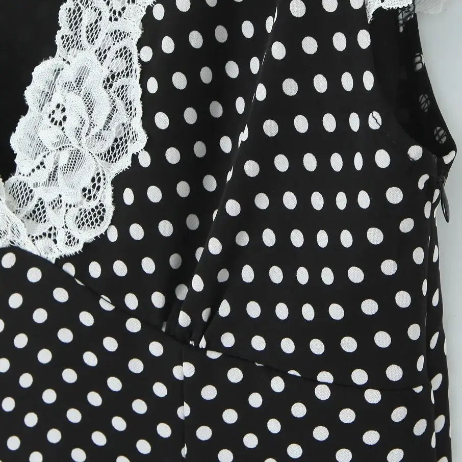 ผู้หญิง Retro สไตล์ฝรั่งเศสสีดําสีขาว Dot พิมพ์ Spliced ลูกไม้ V คอแขนสั้นชุดมินิเดรสฤดูร้อน Robe Femme Vestidos