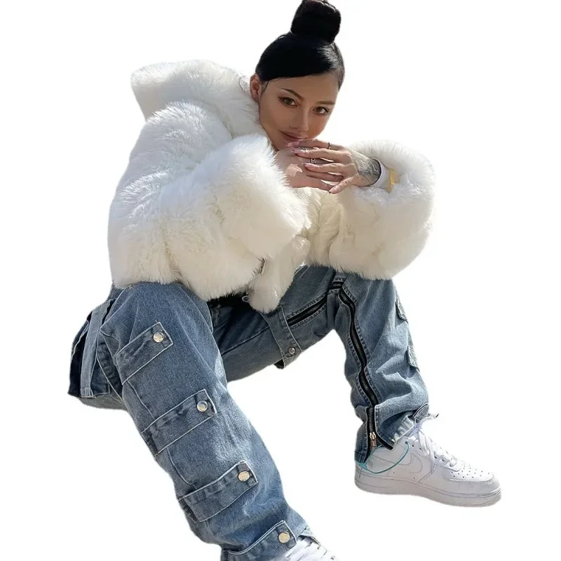 8XL Winter Women Pink Short Faux Fur Coats Zipper Fashion Y2K Hoody Jackets Long Sleeve Thick Warm Fluffy Fur Overcoat