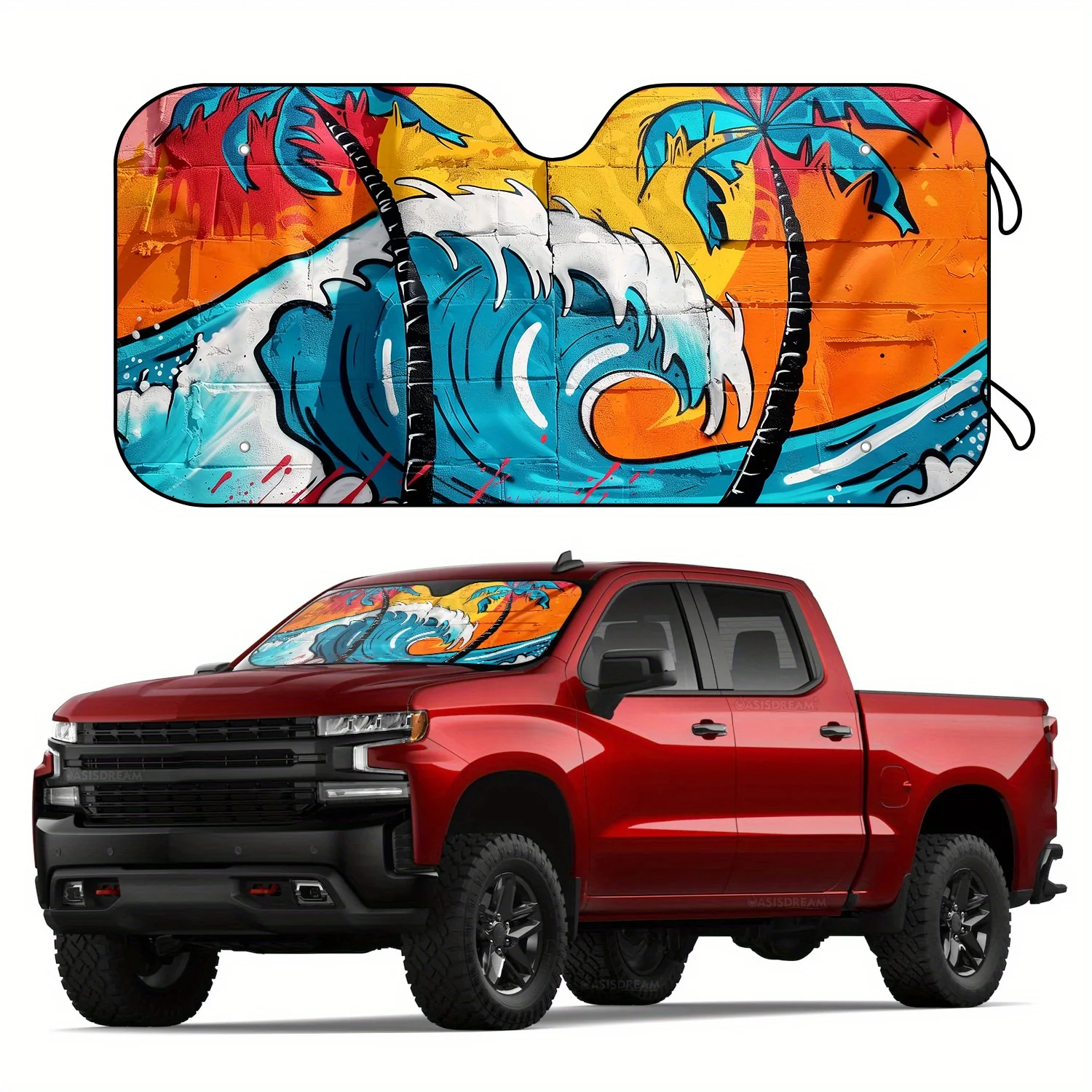 

Солнцезащитный козырек на лобовое стекло Adiffly RV с пальмами и волнами - блокирующий УФ-излучение салона автомобиля, солнцезащитный тент для автодомов