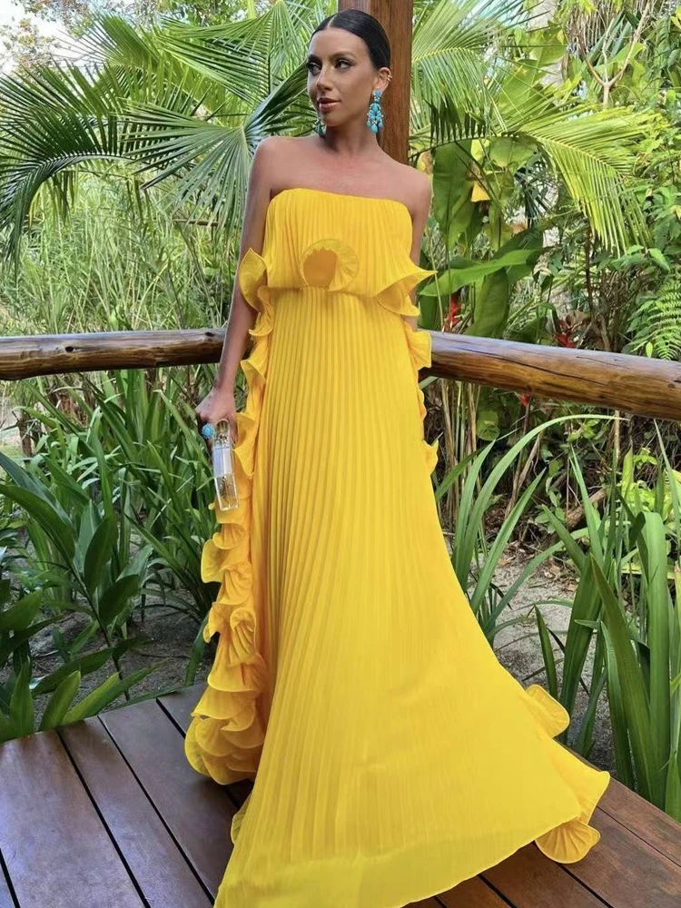 Robe longue plissée en mousseline de soie pour femmes, Sexy, sans bretelles, épaules dénudées, à volants, robe de soirée, tempérament, plage, vacances, Maxi