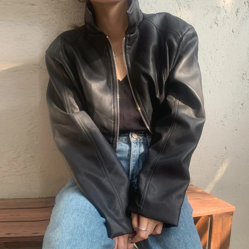Chic American Sle PU หนัง Jaet ort หลวม Fit ยาว Sve ซิปผู้หญิงเสื้อแจ็คเก็ต Faion เดินทางสวมใส่