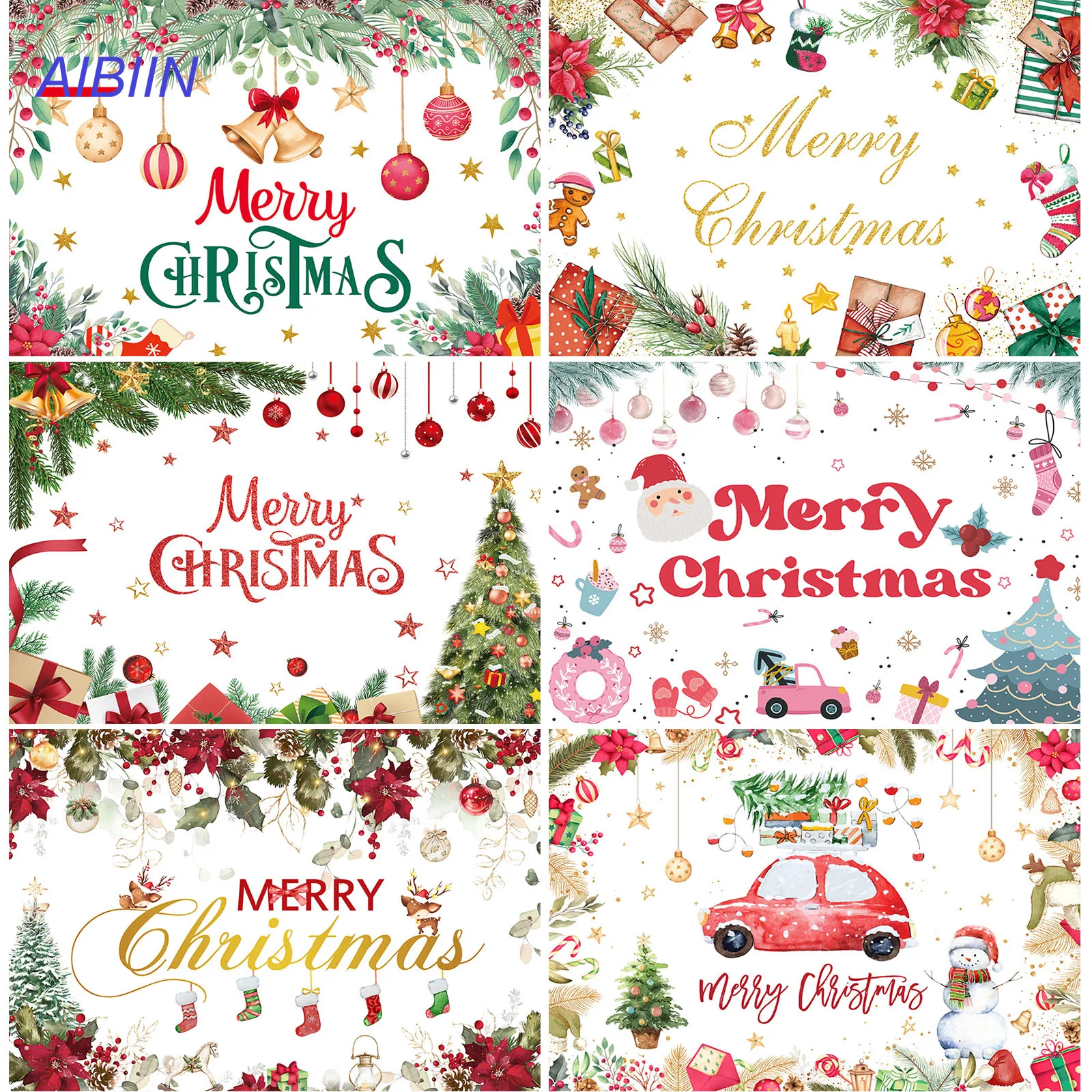 

Merry Christmas Backdrop Xmas Trees New Year Photography Background Gift Car Snowflake Stars Small Bell Portrait Party Decor