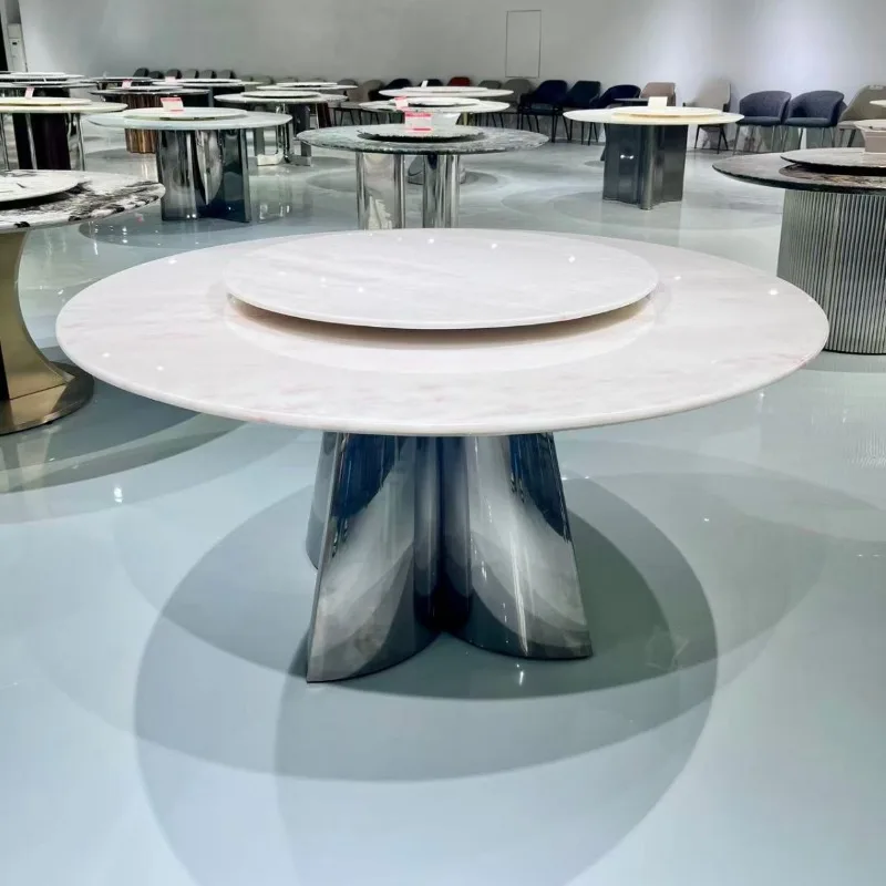 Modern minimalist stainless steel powder natural luxury stone round dining table Italian natural marble round dining table 6