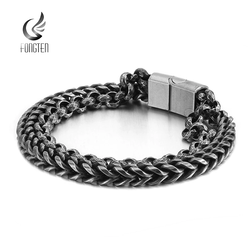 Fongten Two Layers Box Link Chain Bracelet Men Black Stainless Steel Magnetic Metal Clasp Retro Charm Bracelet Male Jewelry