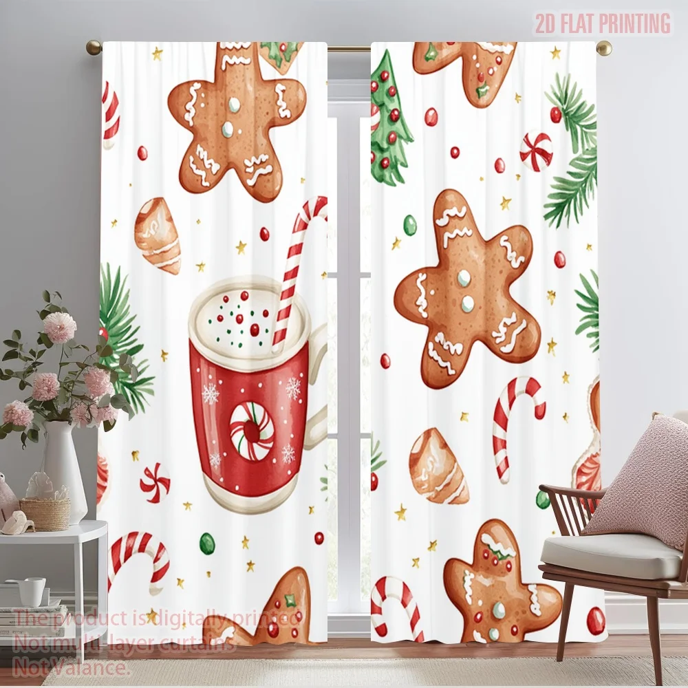 2pcs,2D plane printing Window Curtain Christmas Cookies Hot Chocolate Candy (2) Durable 100% Polyester Fabric (without rod)