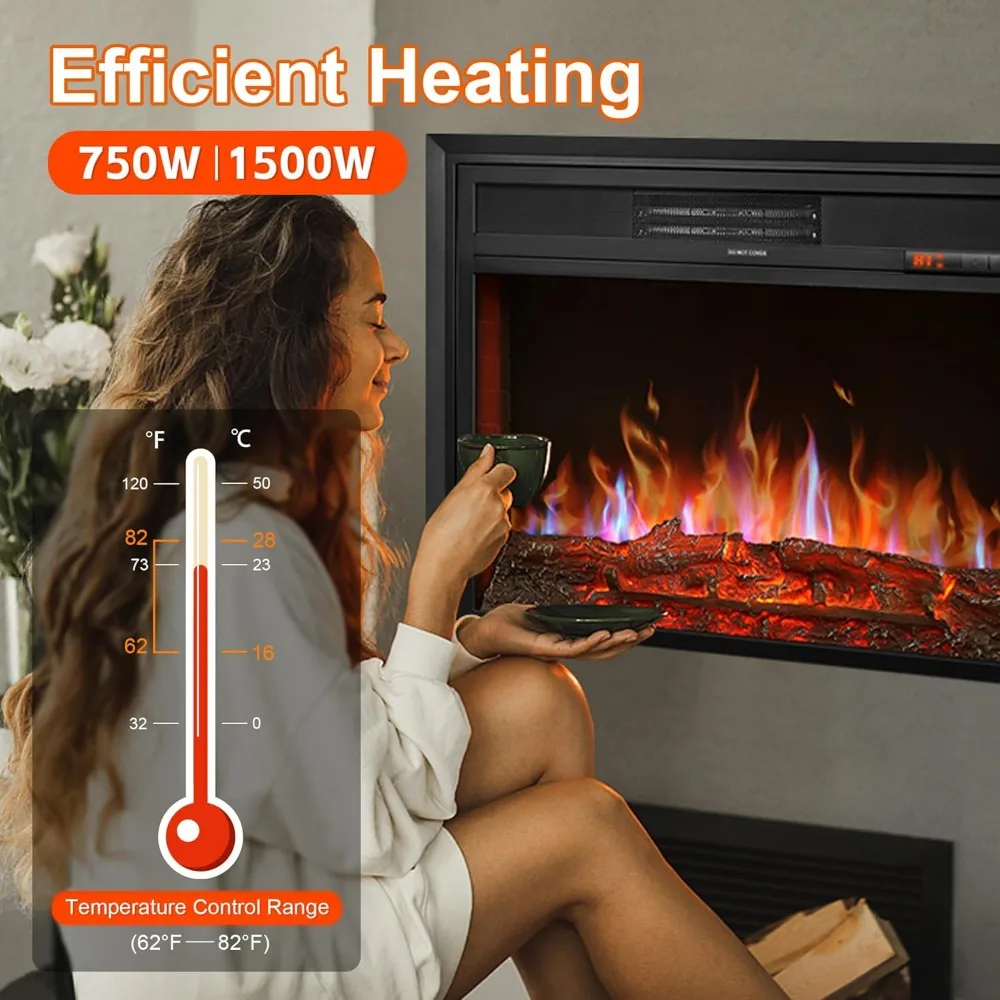 32 حشوة مدفأة كهربائية - سخان مدفأة كهربائية لغرفة المعيشة، جهاز تحكم عن بعد، 6 مجموعات سطوع