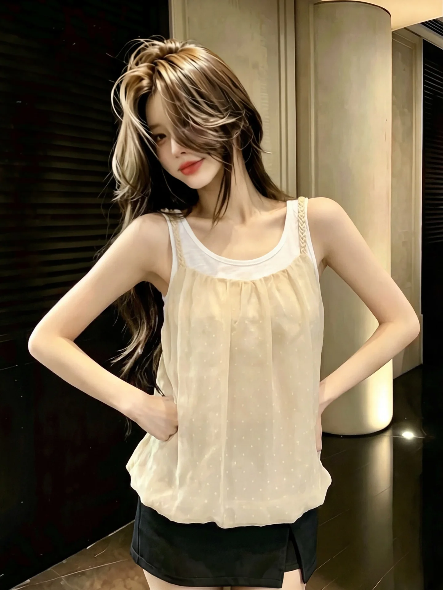 

Slimming Stylish Set Women's Summer New Layered Shoulder Bared Inner Wear Top Beige Strap Two Piece Set Fashionable Ensemble