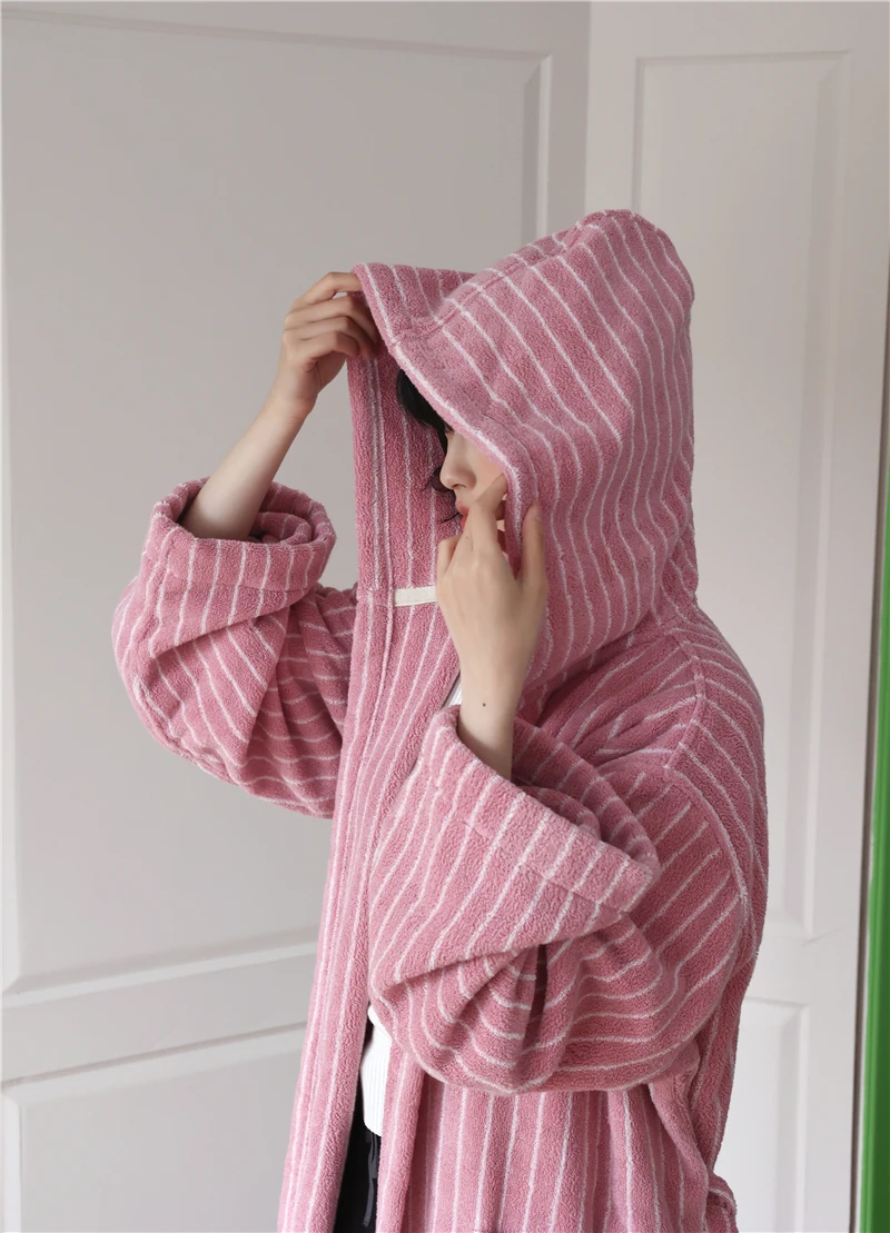 Retro Stripe Cotton Bathrobe Super Soft Absorption V Neck Sleepwear Warm Robes Women Hooded Loose Bath Robe Coat Towel Homewear