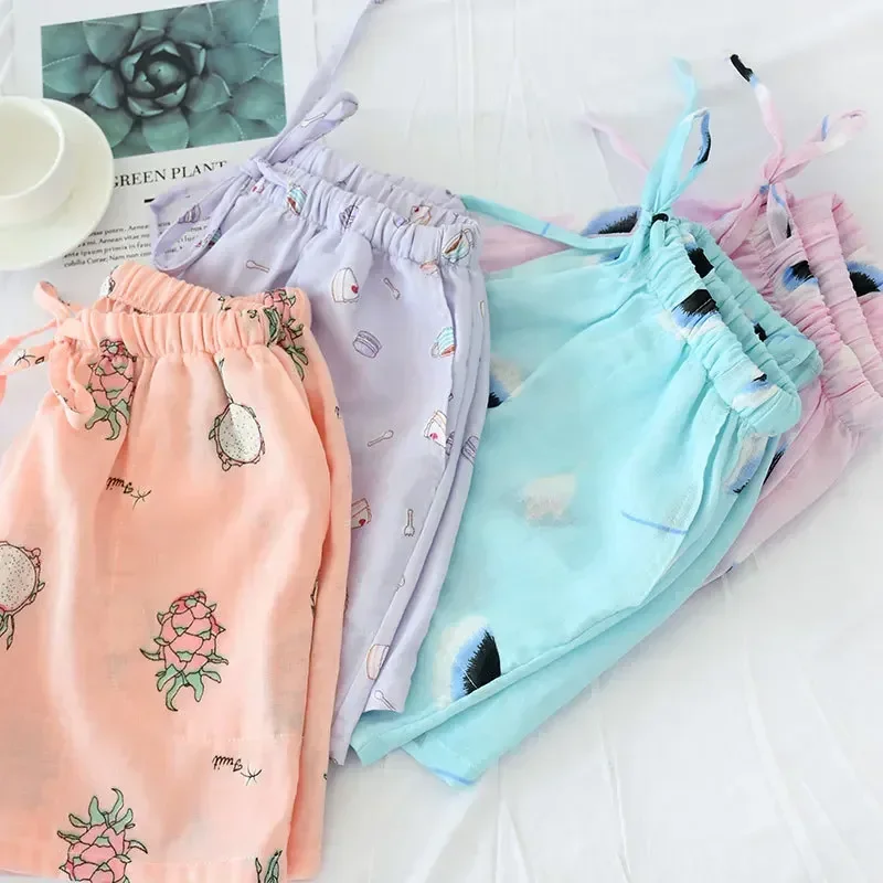 Pantalones cortos de algodón para mujer, pantalones de pijama de doble gasa para el hogar, ropa de dormir informal para la playa, Verano