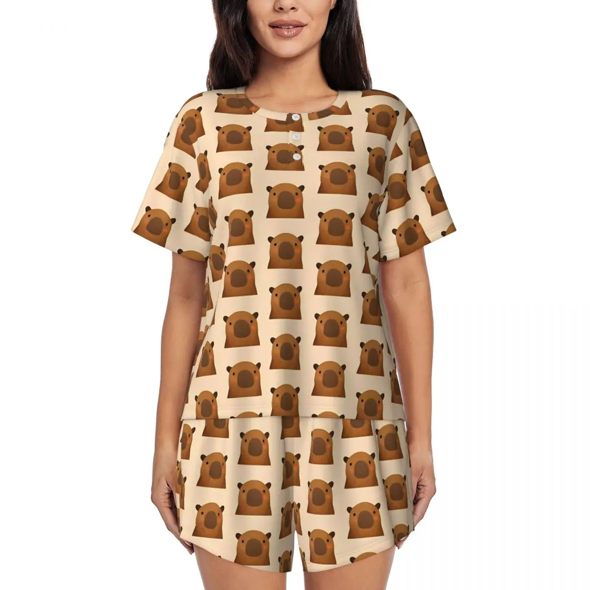

Funny Capybara Pajamas Women Cute Animal Trendy Nightwear Summer Short Sleeves 2 Pieces Night O Neck Printed Pajama Sets