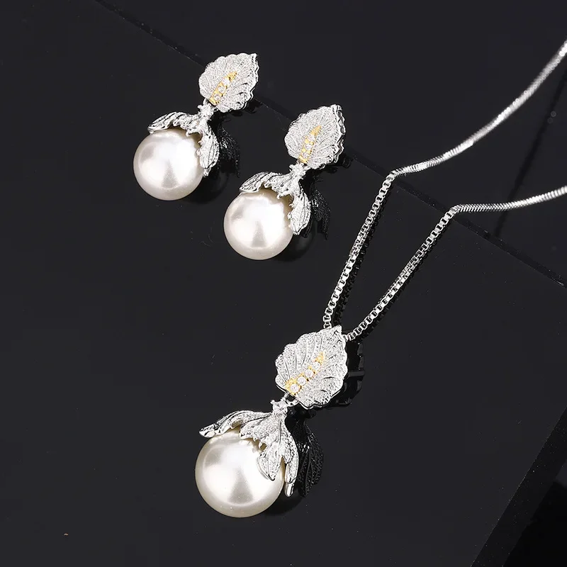 

Luxurious White Pearl Leaf Jewelry Earrings Pendant Necklace Elegant Teardrop Design for Women Vintage Inspired Accessories