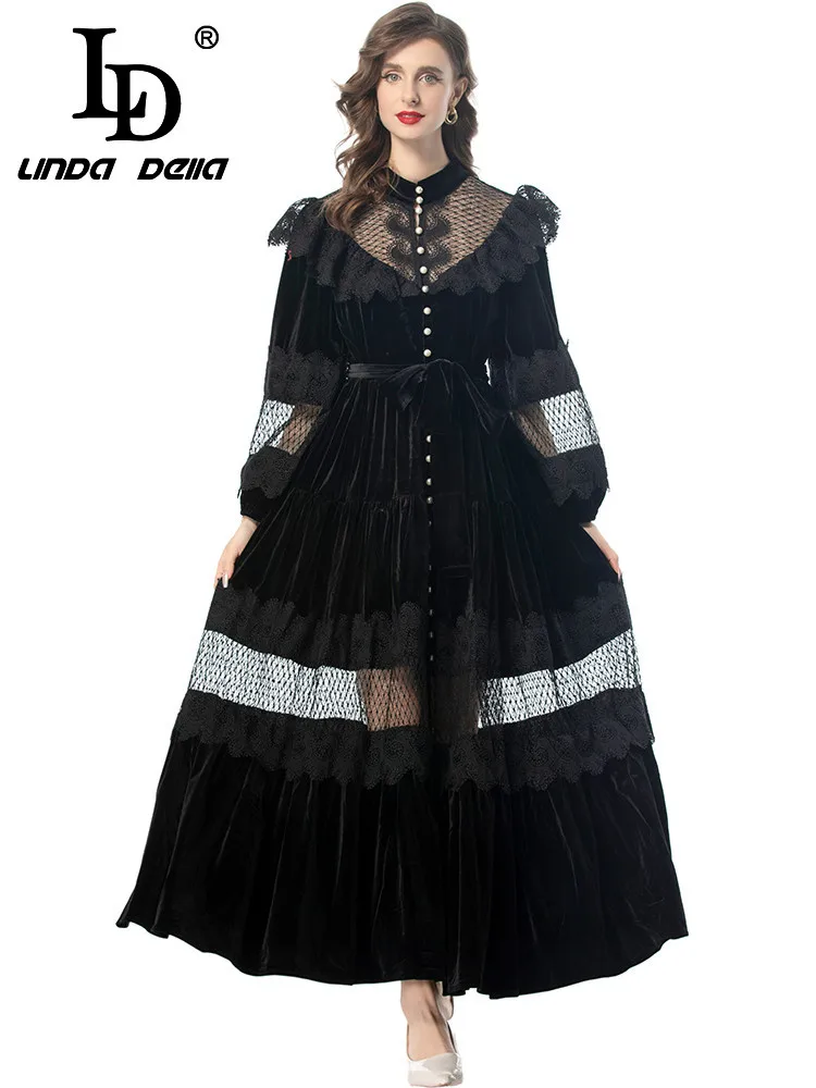 LD LINDA DELLA Summer Runway Vacation Dress Women\'s Vintage Lace Net Yarn Pearls Hollow Out Sashes Temperament Long Dresses