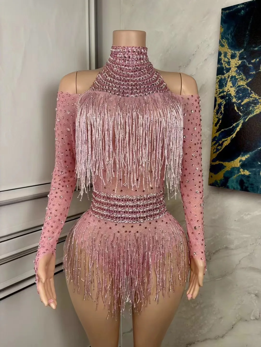 Costume da ballerino cantante Strass scintillanti Frange Body Body da ballo sexy Vestito da discoteca Spettacolo di spettacoli sul palco