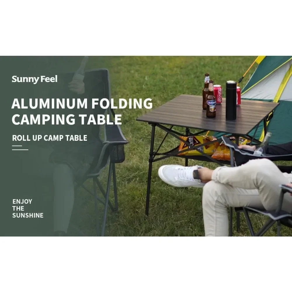 SUNNYFEEL Outdoor Folding Table | Lightweight Compact Aluminum Camping Table, Roll Up Top 4 People Portable Camp Square Tables