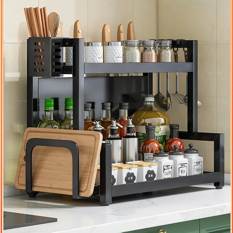 2/3Layers Spice Rack Seasoning Storage Rack Door Spices Jars Condiments Cutting Board Knife Racks Drain Stand Kitchen Organizer