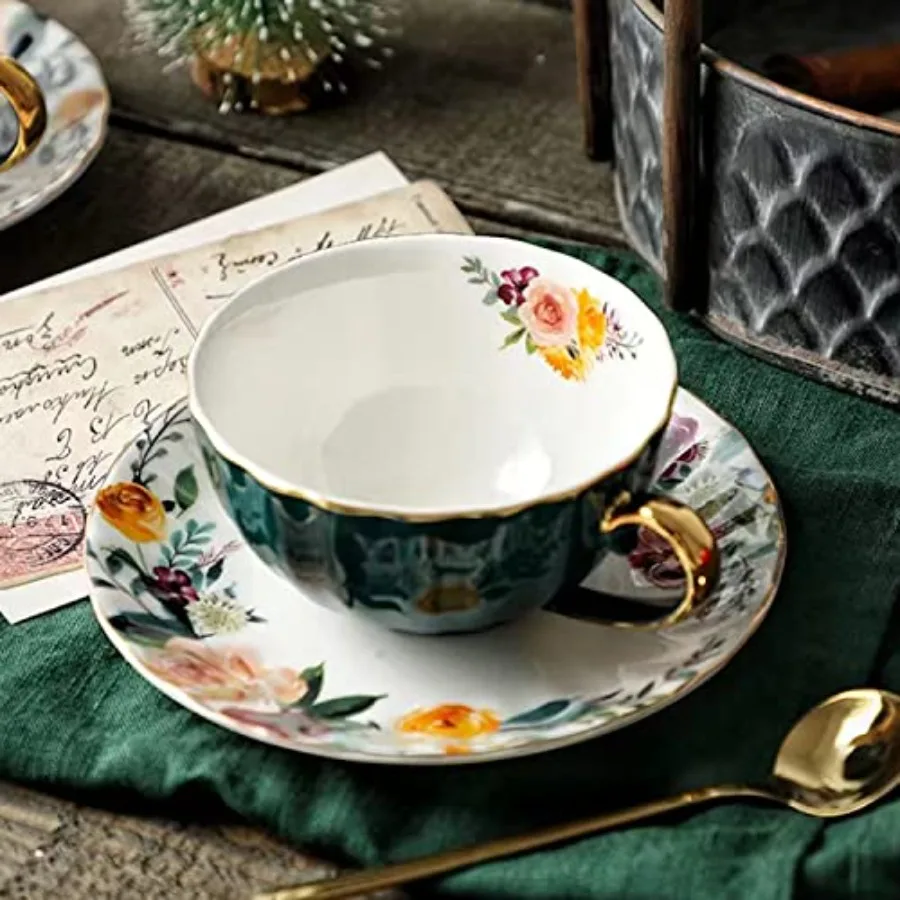 Green Tea Cup and Saucer, Mothers Day Gift Porcelain Coffee Cup Tea Cups and Saucers Royal Ceramic Floral Lined Teacup with Gol