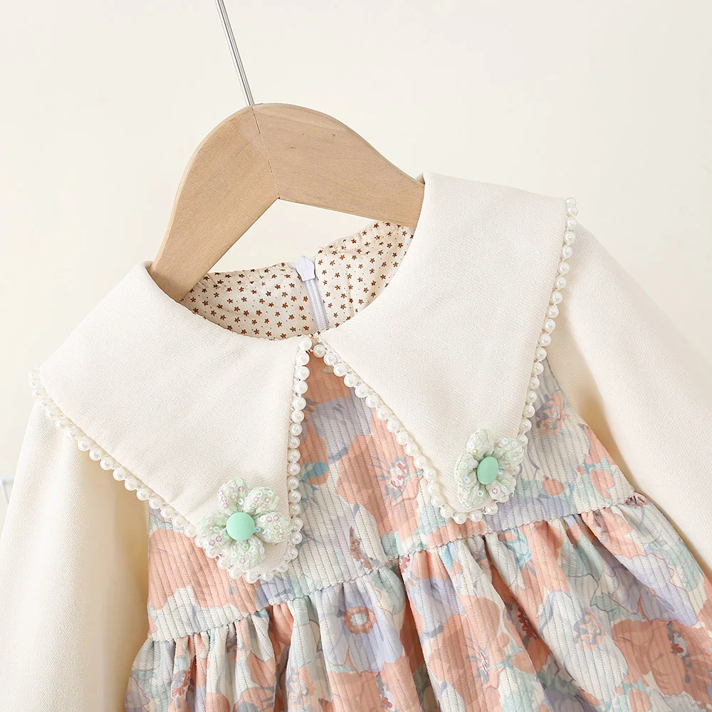 Baby Girl Autumn Long Sleeved Flower Daily Knee Length Dress With Lace Large Collar Stitching For Casual Wear