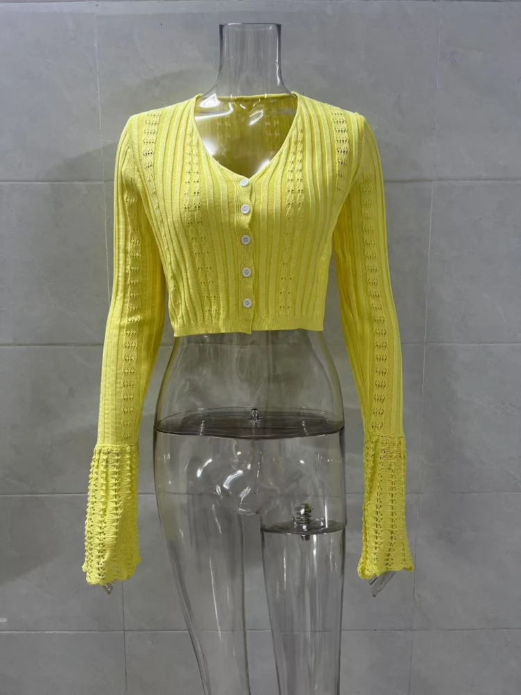 XIAOTANG セクシーな中空アウトニットカーディガン女性の夏の長袖クロップドトップス Y2K ハイストリートシングルブレストイエローカーディガン