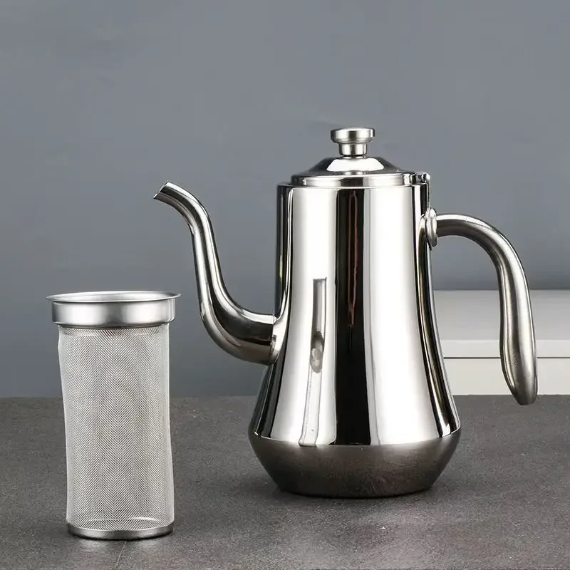 Food Grade Stainless Steel Tea Kettle, Large Capacity Long Mouth with Tea Strainer, Restaurant Teapot, Heatable Kettle, 1.5L